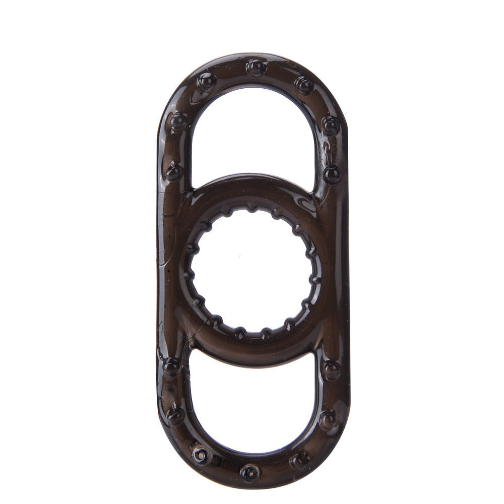 A black opaque cock ring with pullable side handles made of medical grade silicone