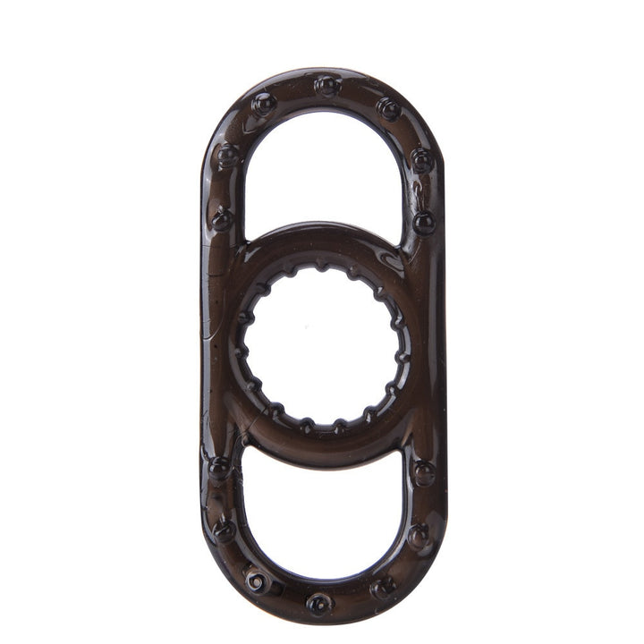 A black opaque cock ring with pullable side handles made of medical grade silicone