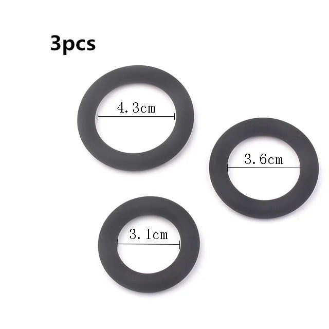 This image shows three black cock rings and their dimensions for large, medium, and small sizes
