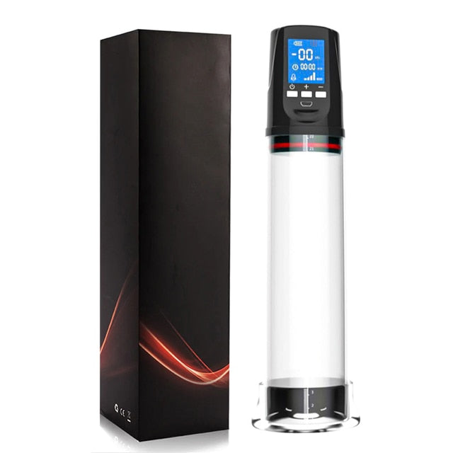 An electric, air penis pump with black LCD remote control attached mechanism and a product gift box