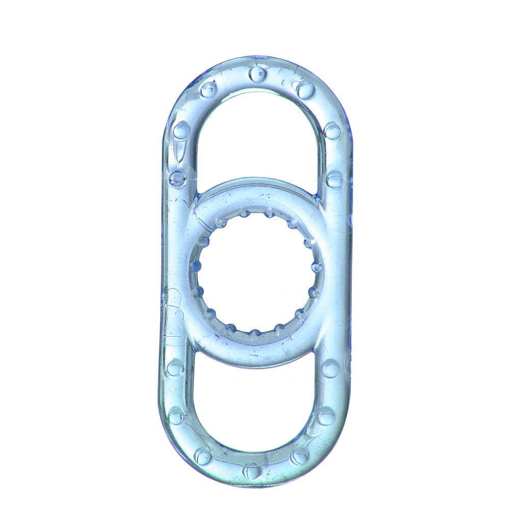 A blue translucent cock ring made of silicone with pullable side handles