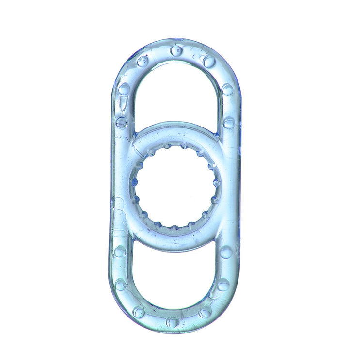 A blue translucent cock ring made of silicone with pullable side handles