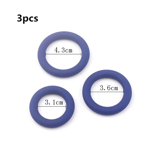 This image shows the large, medium, and small cock rings and their dimensions of 4.3 cm, 3.6 cm, and 3.1 cm respectively on a white background