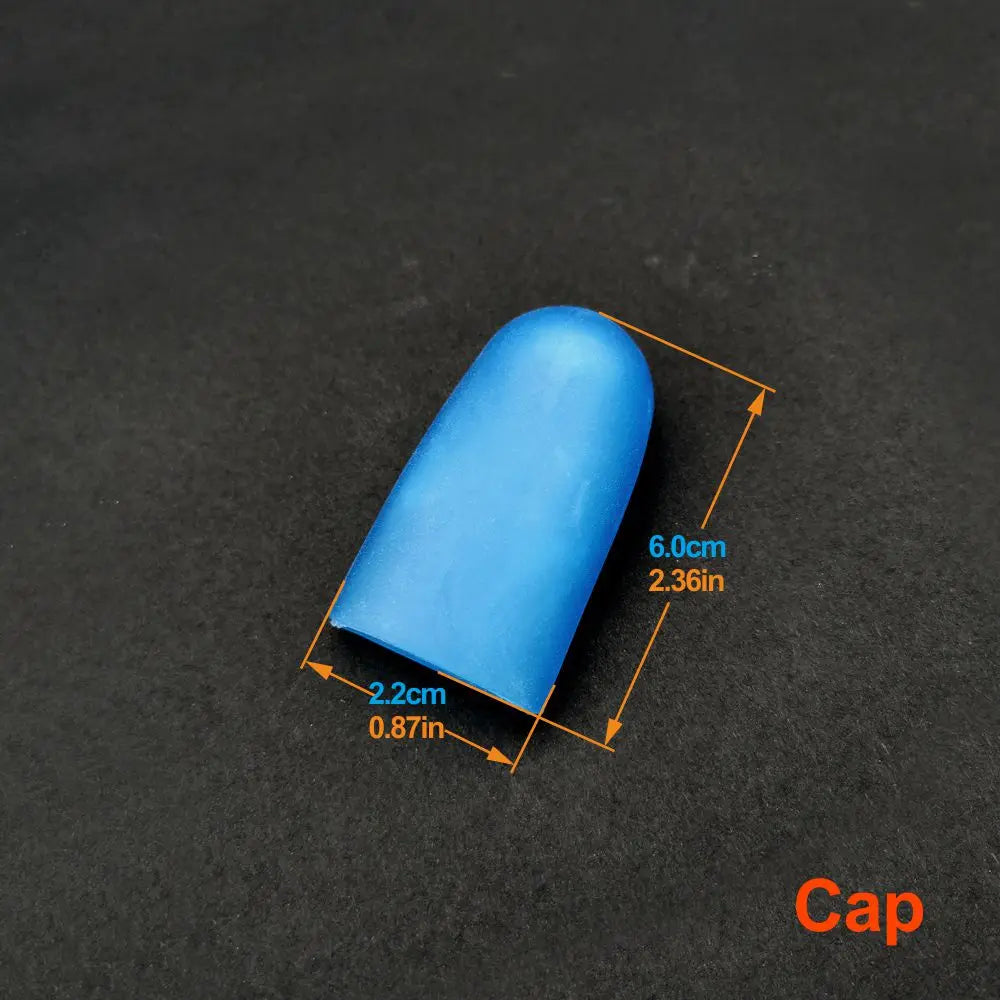 Image shows a blue silicone glans cap measuring 2.36" inches in length and 0.87" inches in diameter.