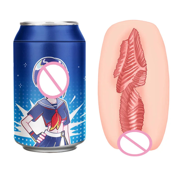 Blue can with an illustrated female character and a pink sleeve on the right side showing the inner pleasure canal with its ridges, textures, and shape.