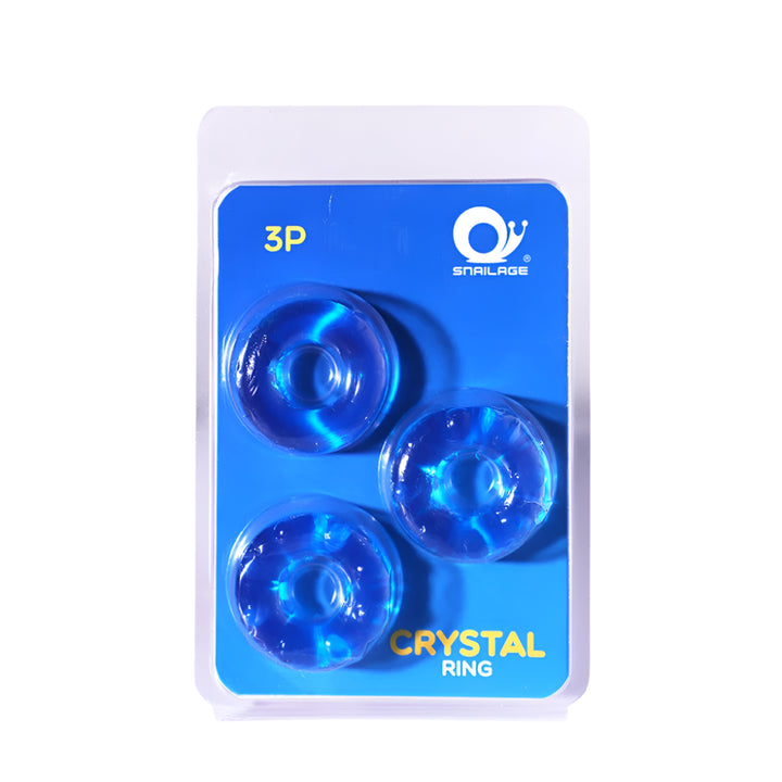 Three packaged silicone blue constriction rings with different textures on a blue background.