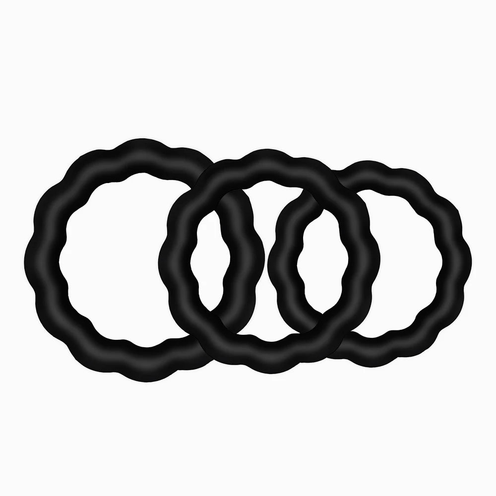Three black braided cock rings with a weave design for easier attachment/detachment and promotion of greater blood flow on the base of a penis, on a white background