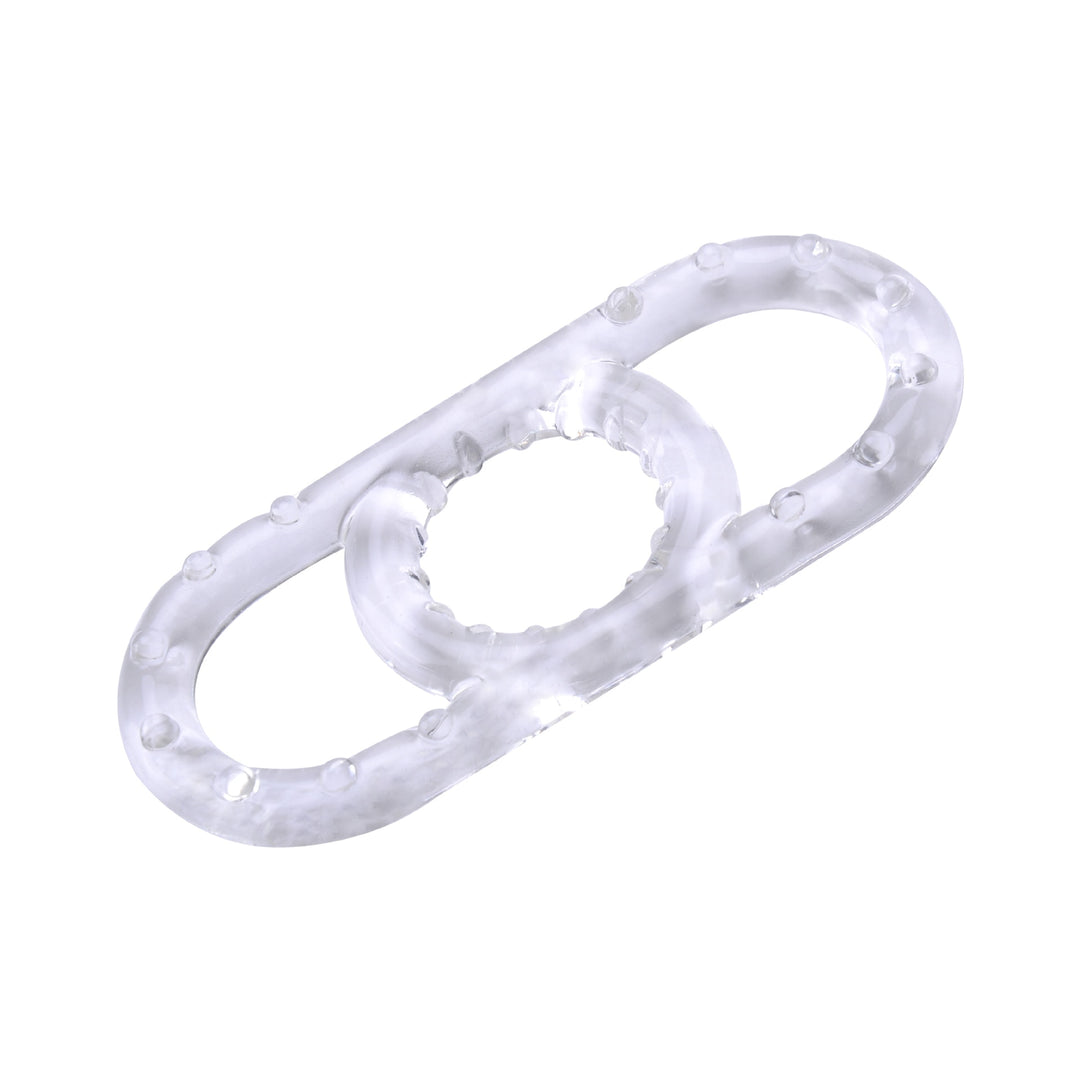 A clear cock ring with pullable side handles made from silicone