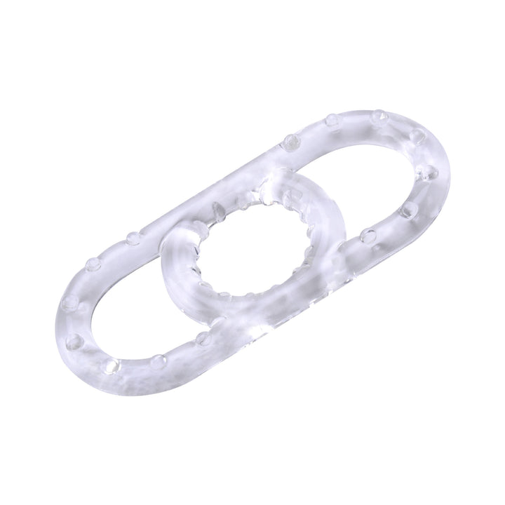 A clear cock ring with pullable side handles made from silicone