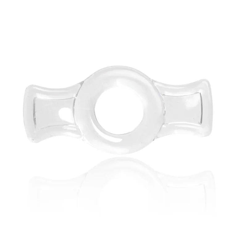 This a closeup image of a transparent clear cock ring with pullable side tabs on a white background