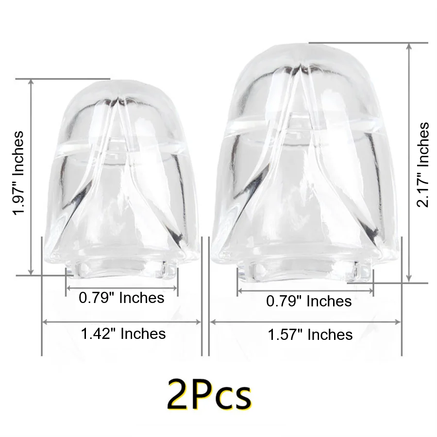 Two clear silicone glans cap penis covers showing dimensions of two different sizes in the package. Small size measures 1.97" inches in length with a 0.79" inch opening, and a 1.42" inch width at the base. Large size measures 2.17" inches in length, with a 0.79" inch insertable opening and a 1.57" inch width at the base. Two (2) pieces is written on the photo.
