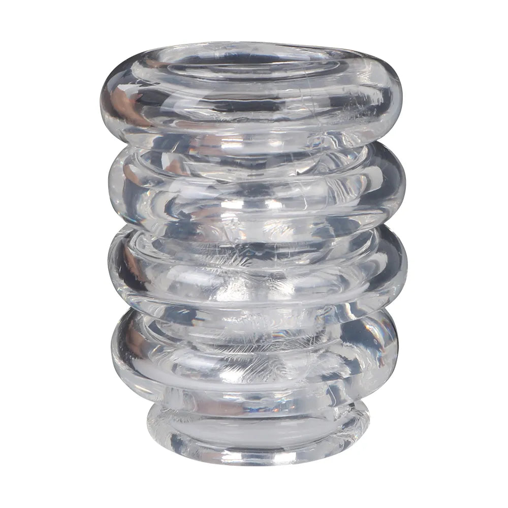 This image shows a set of four clear silicone interlocking cock rings for penis soft clamping, enlargement, or solidification of gains