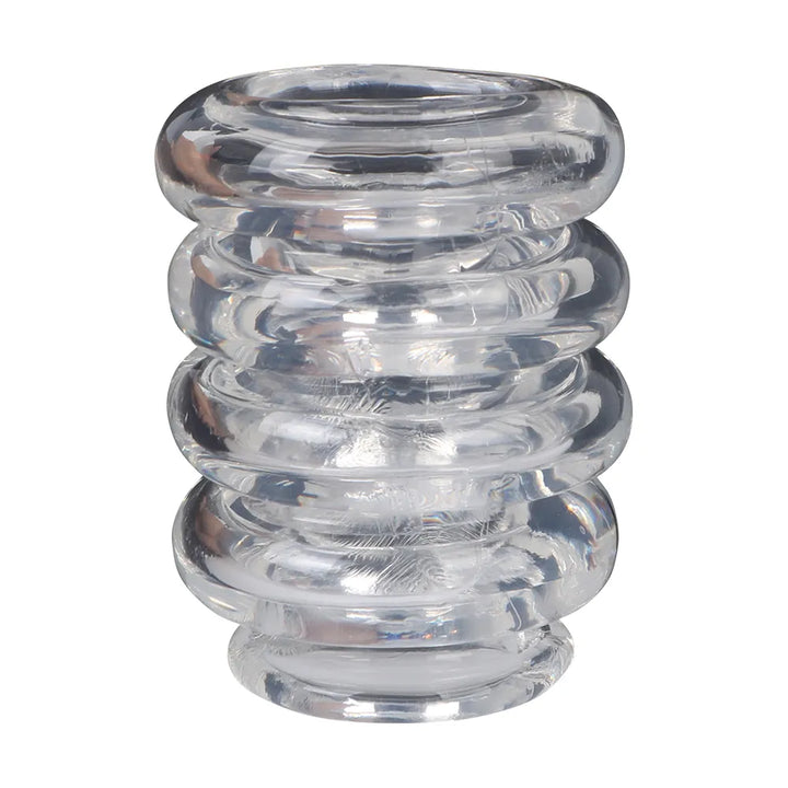 This image shows a set of four clear silicone interlocking cock rings for penis soft clamping, enlargement, or solidification of gains