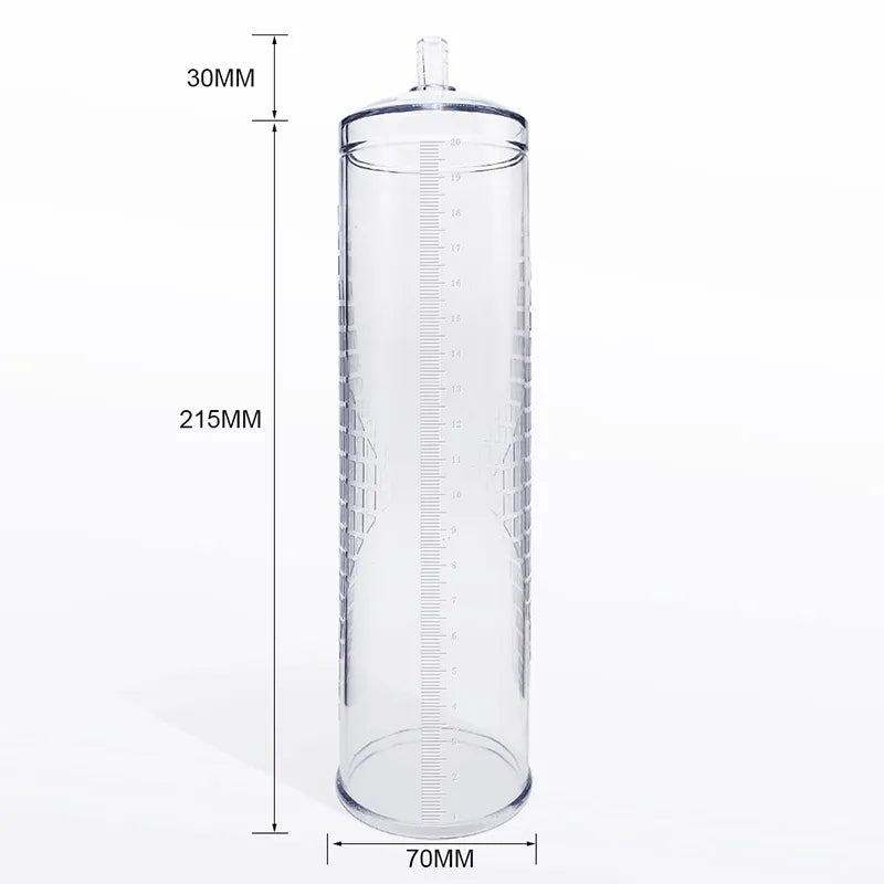 This image shows a clear penis pump starter cylinder made of acrylic measuring 215 mm