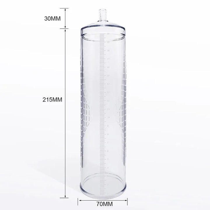 This image shows a clear penis pump starter cylinder made of acrylic measuring 215 mm