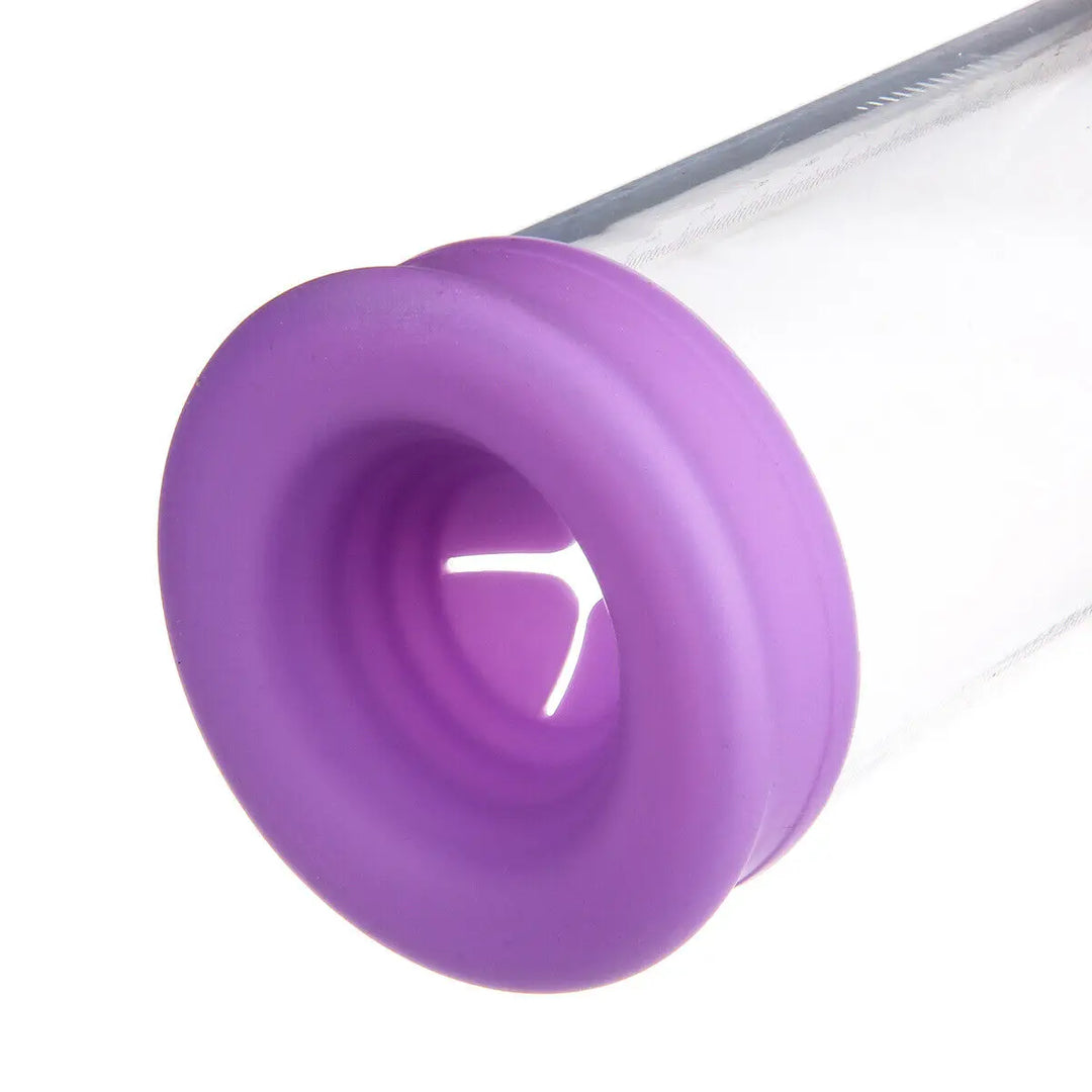 A closeup image showing the purple narrow-opening sleeve cover on the end of a clear cylinder