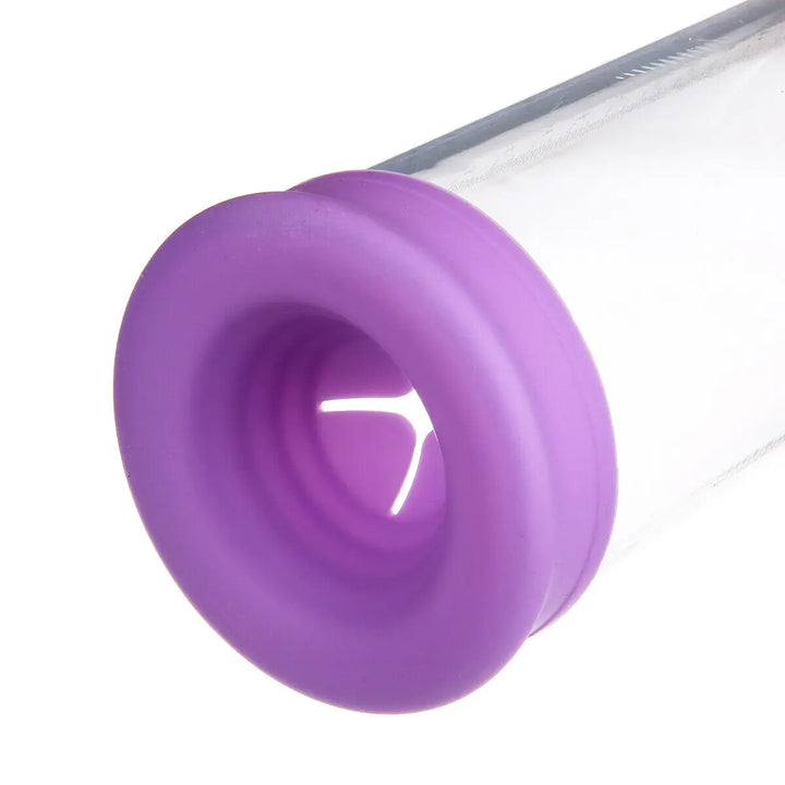 A closeup image showing the purple narrow-opening sleeve cover on the end of a clear cylinder