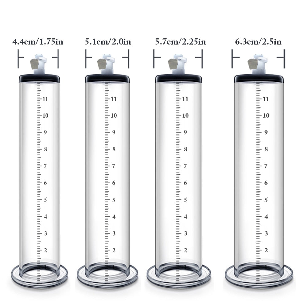 4 different sized 12" inches in length penis pump cylinders
