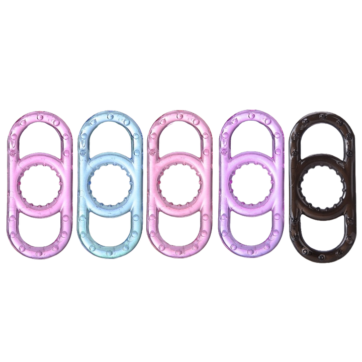 The image shows a set of five cock rings with pullable side handles. They are displayed in a row in various pastel colors, including black, clear, purple, pink, and blue.