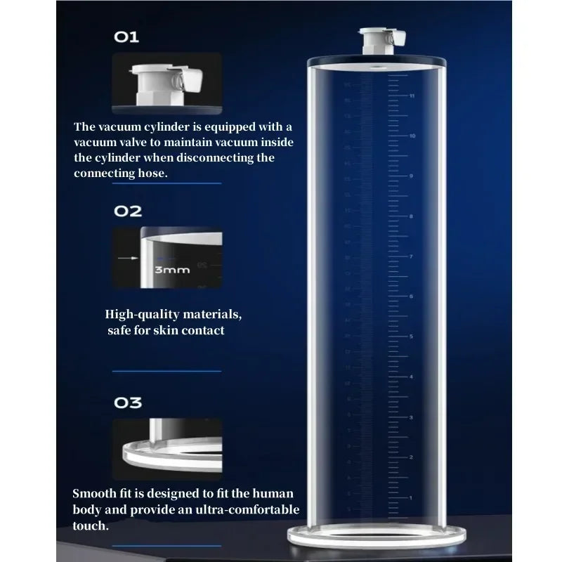 An image showing the vacuum pump cylinder specifications and details such as the valves, the thickness and quality of acrylic material, and the comfort seal at the opening of the pump that contacts the body