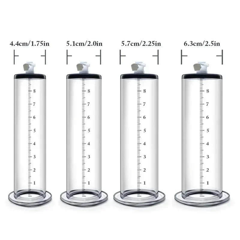 An image showing the different diameters of a 9" inch length cylinder including 1.75" inches, 2" inches, 2.25" inches, and 2.5" inches