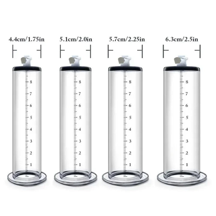 An image showing the different diameters of a 9" inch length cylinder including 1.75" inches, 2" inches, 2.25" inches, and 2.5" inches