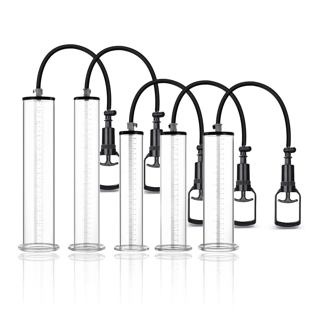 This image shows five different sizing options of varying lengths and diameters for the high-efficiency manual-handle air penis pump