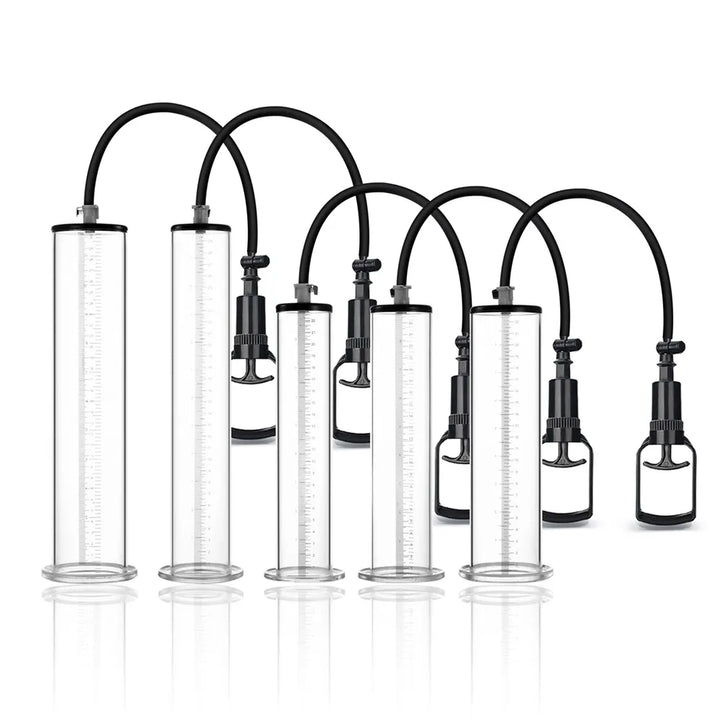This image shows five different sizing options of varying lengths and diameters for the high-efficiency manual-handle air penis pump