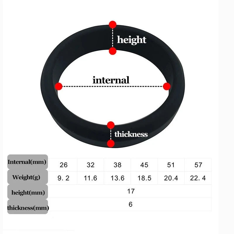 An image of all dimensions of the flat cock ring including their internal diameter, weight, height, and thickness