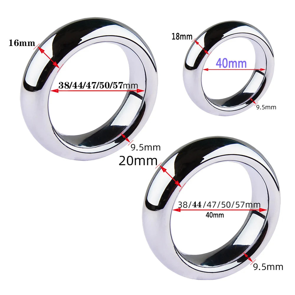A dimension comparison photo of three sizes of stainless steel premium cock rings including the 20 mm large, 18 mm medium, and 16 mm small