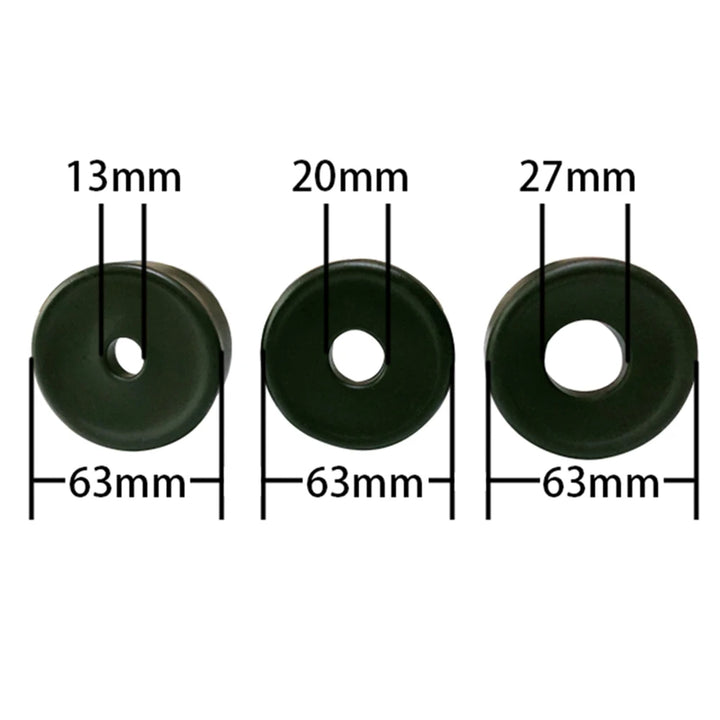 The dimensions of the three included silicone sleeves that come with the starter manual-ball with pressure gauge pump including a small sleeve measuring 63 mm in diameter and 13 mm in insertable diameter, a medium sleeve measuring 63 mm in diameter and 20 mm in insertable diameter, and a large sleeve measuring 63 mm in diameter and 27 mm in insertable diameter