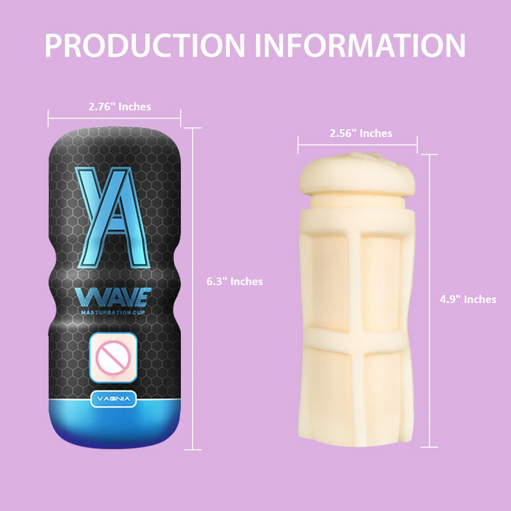 Dimensions of the YourWave Masturbation Cup including 4.9" inches long and 2.56" inches in diameter