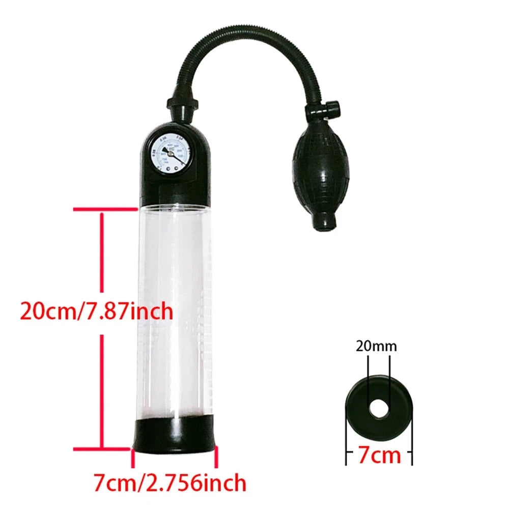 The dimensions of the starter manual-ball penis pump with pressure gauge measuring 7.87" inches in length and 2.76" inches in diameter. It also shows the included silicone sleeve dimensions measuring 7 cm in width diameter and a 20 mm hole for penis insertion
