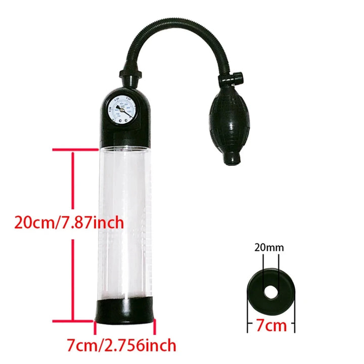 The dimensions of the starter manual-ball penis pump with pressure gauge measuring 7.87" inches in length and 2.76" inches in diameter. It also shows the included silicone sleeve dimensions measuring 7 cm in width diameter and a 20 mm hole for penis insertion
