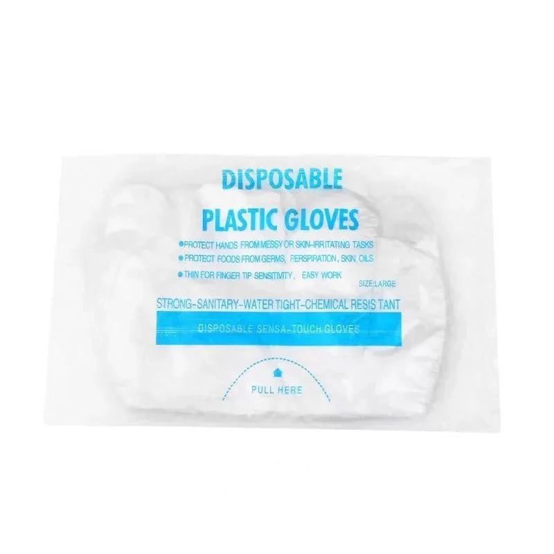 Product photo of a pack of clear disposable plastic gloves