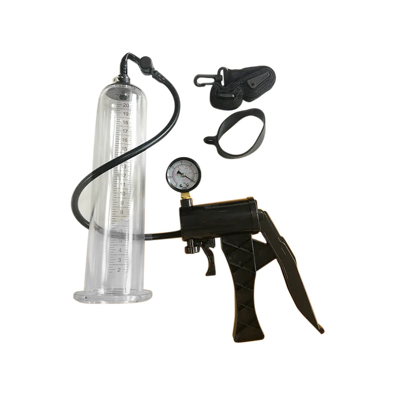 This image shows a waterproof dual air/water penis pump with a clear acrylic cylinder, a black rubber hose, and a manual trigger pistol hand pump with a pressure gauge, as well as some accessories like a support belt