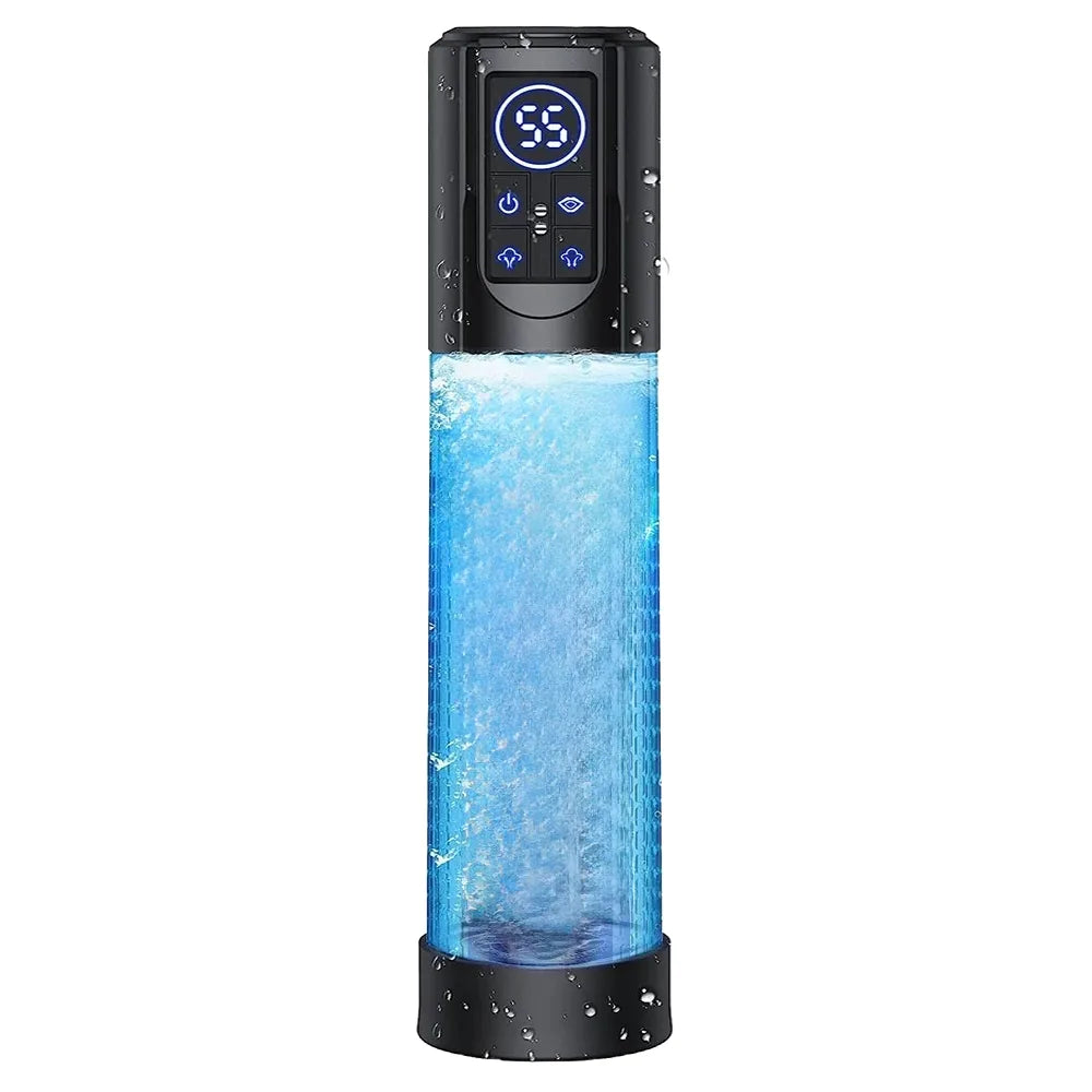 This image shows the Electric Water Penis Pump Series C with a 4-buttons LCD display, and a clear acrylic cylinder chamber