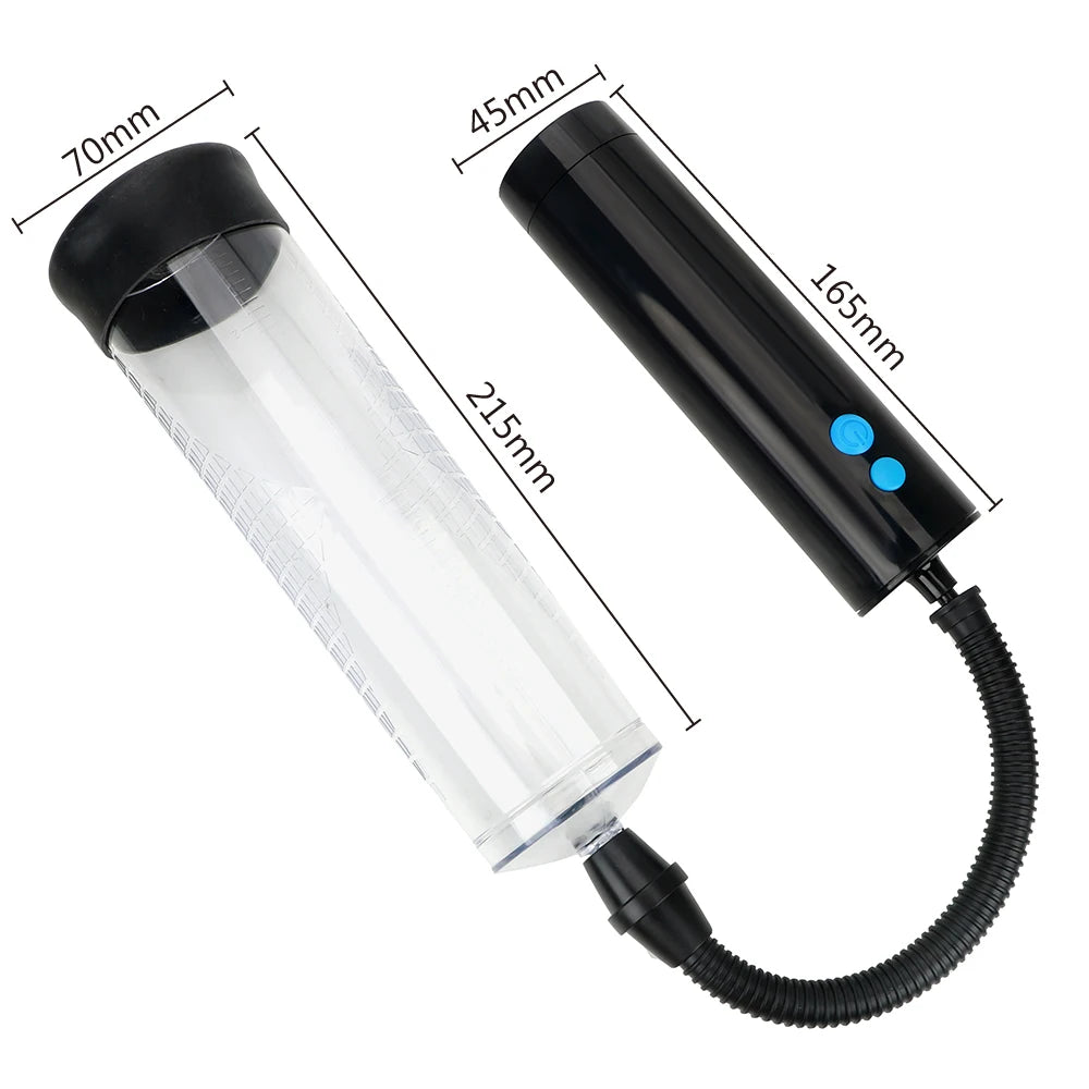 This image shows the dimensions of the cylinder which is 215 mm long and 70 mm in diameter, and the handheld remote control which is 165 mm long and 45 in diameter