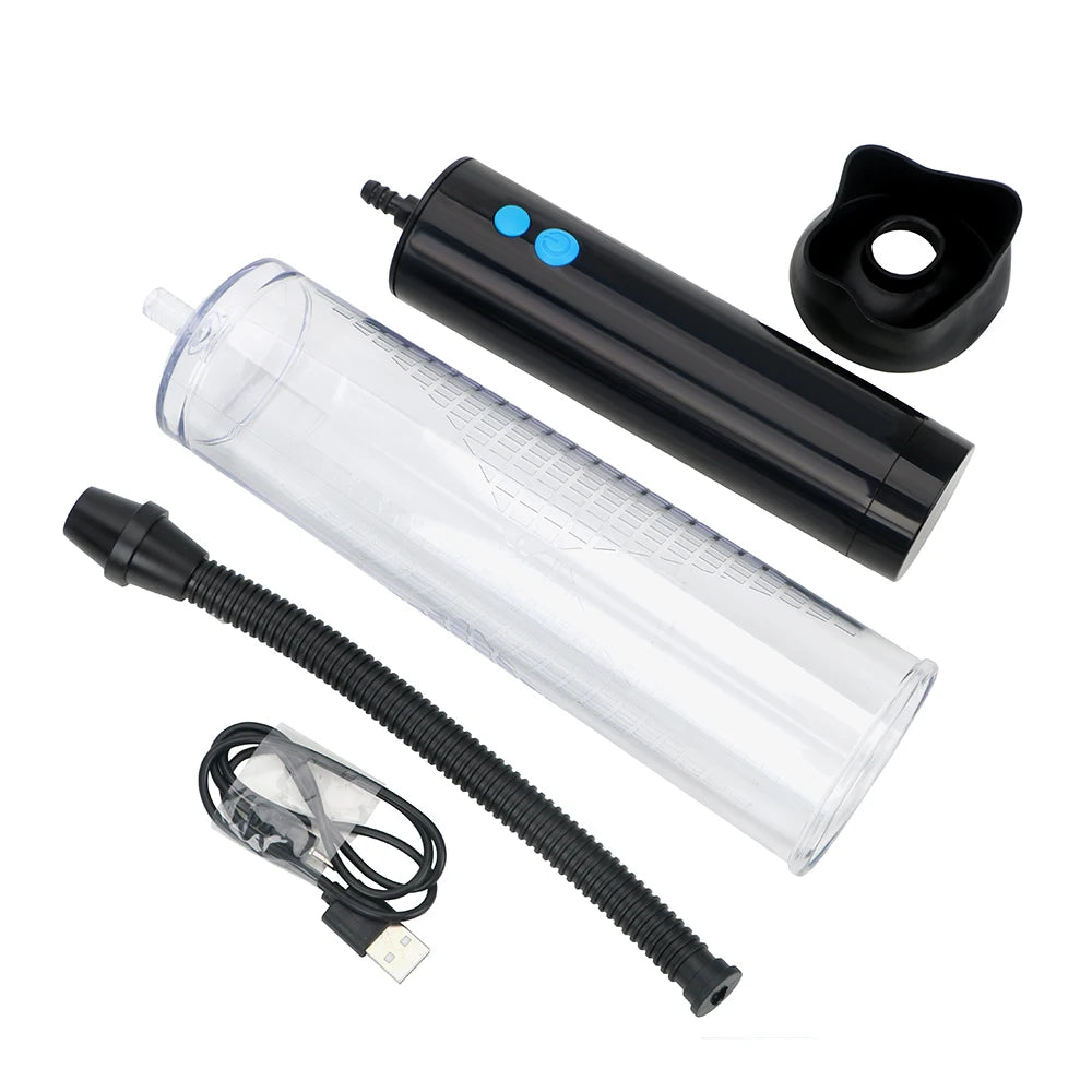 This image shows the product contents that come with the purchase, including a black silicone sleeve cover, a black handheld electronic remote control pump with two blue buttons, a clear acrylic cylinder, a long black flexile hose, and a black USB charger cable