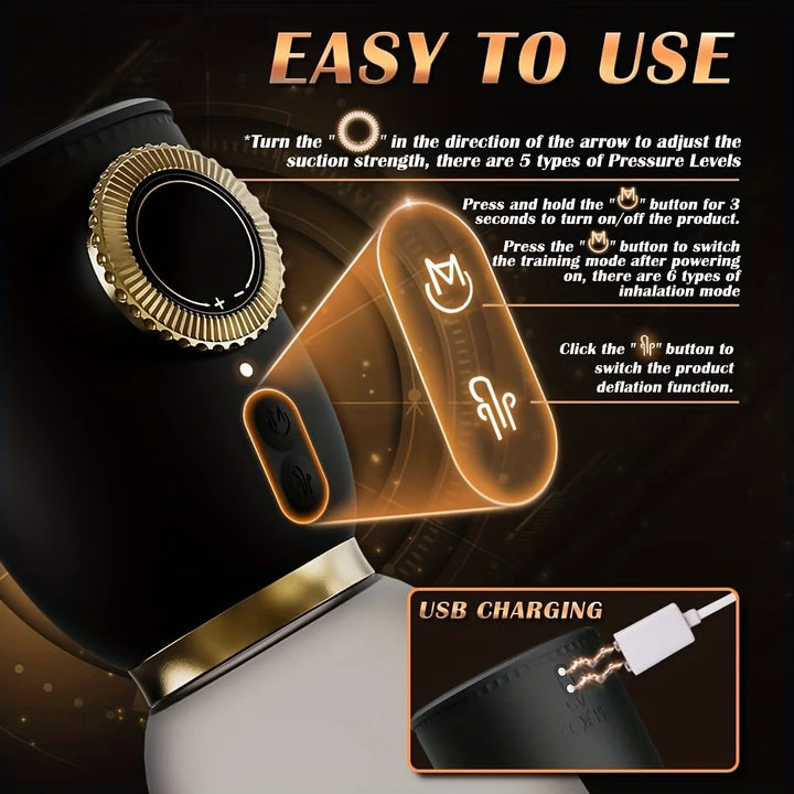 This image shows the buttons, dial, magnetic charging connection, and instruction manual for this electric air vacuum pump