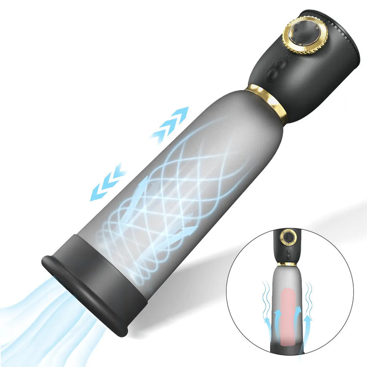 This image shows an electric air pump and its air flow and pressure functionality with blue arrows illustration for air