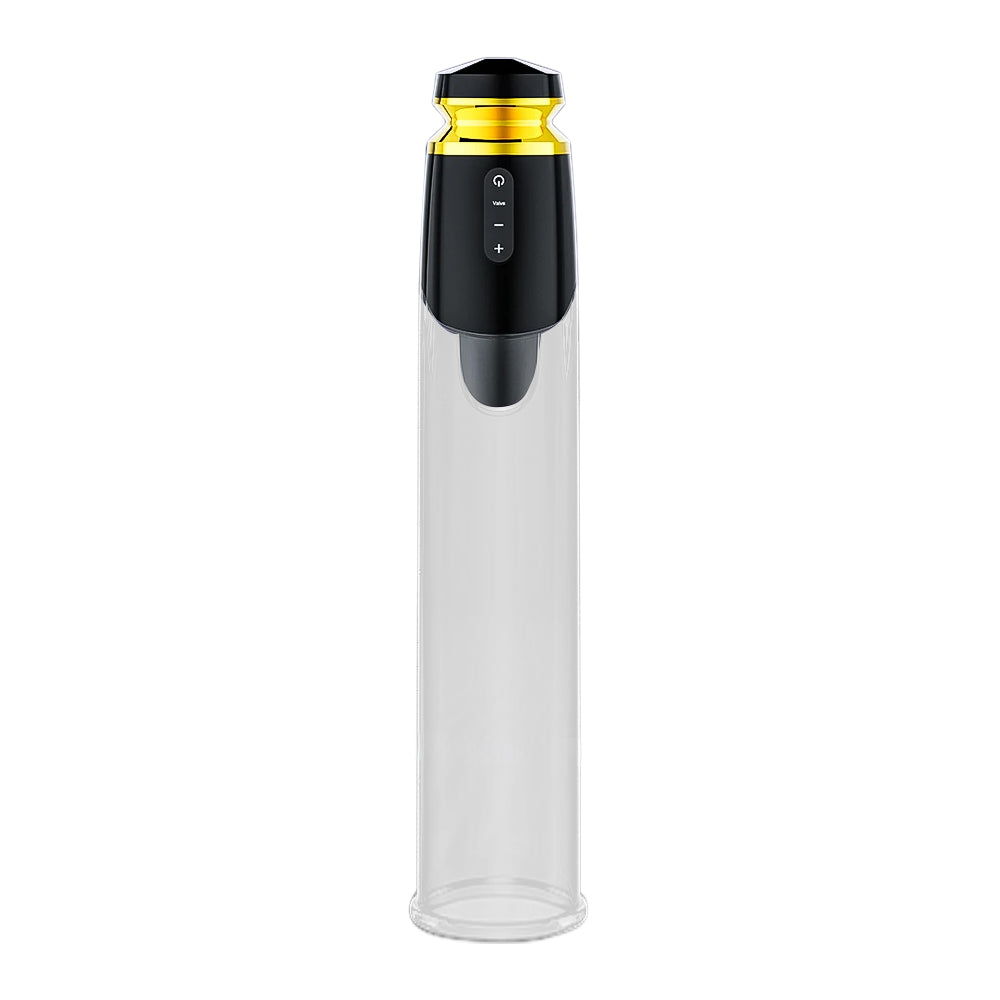 This image shows the electric air penis pump series d with a black and gold electronic pump device on top, and a clear cylinder on bottom