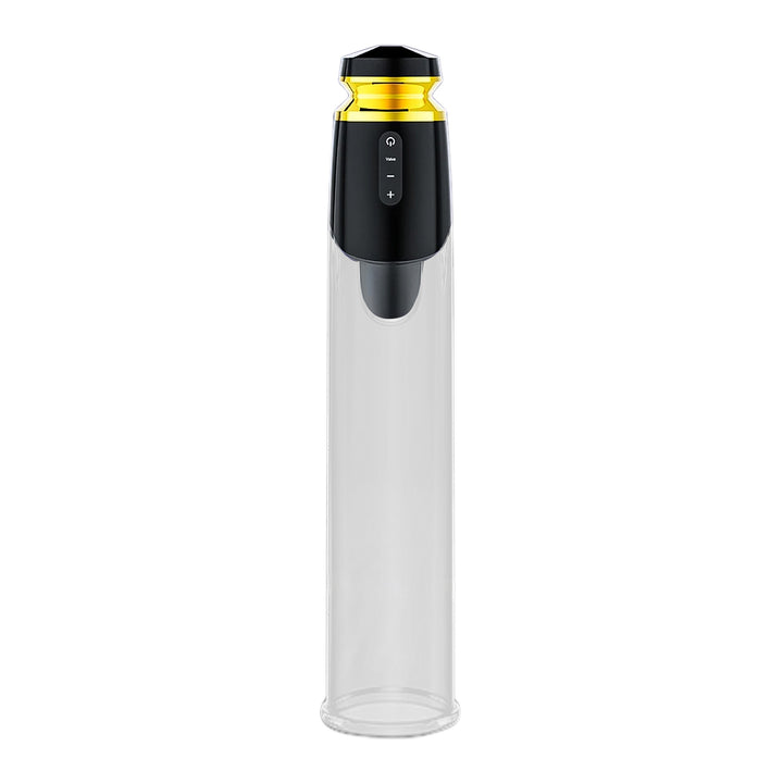 This image shows the electric air penis pump series d with a black and gold electronic pump device on top, and a clear cylinder on bottom