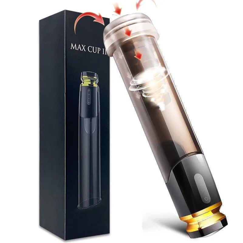 This photo shows the product with its packaging which is a black box with an image of the penis pump on the front