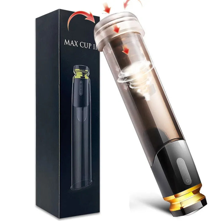 This photo shows the product with its packaging which is a black box with an image of the penis pump on the front
