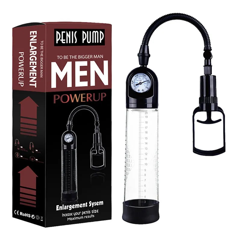 The base package contents for the electric air penis pump series G including the white dial pressure gauge, manual-handle hand pump, and a red and black product box
