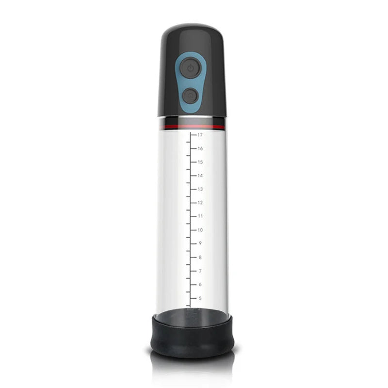 An electric air penis pump with a black two-button pump mechanism control panel, a clear acrylic cylinder, and black silicone sleeve