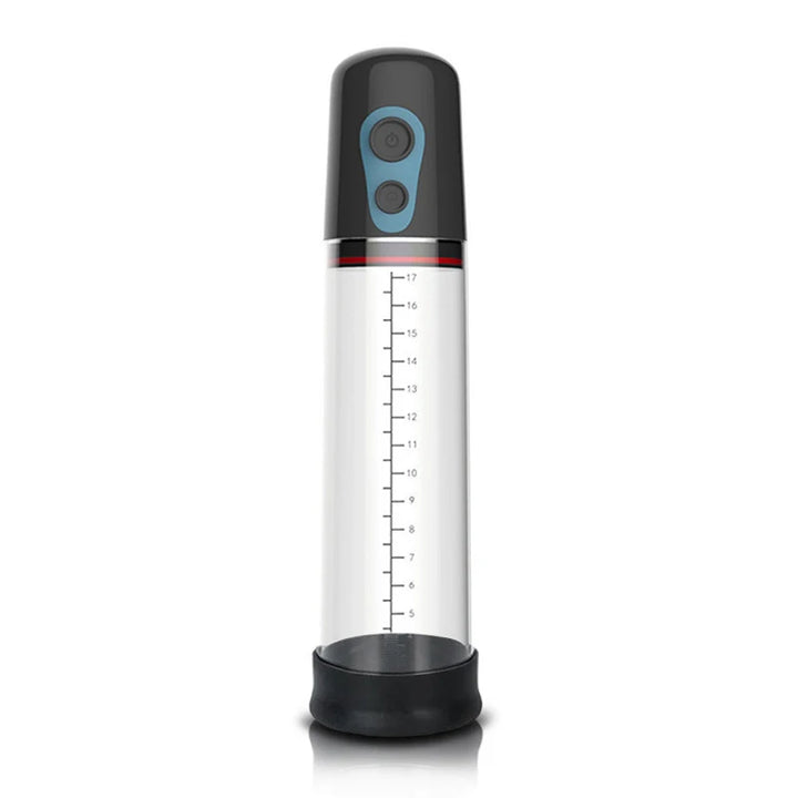 An electric air penis pump with a black two-button pump mechanism control panel, a clear acrylic cylinder, and black silicone sleeve