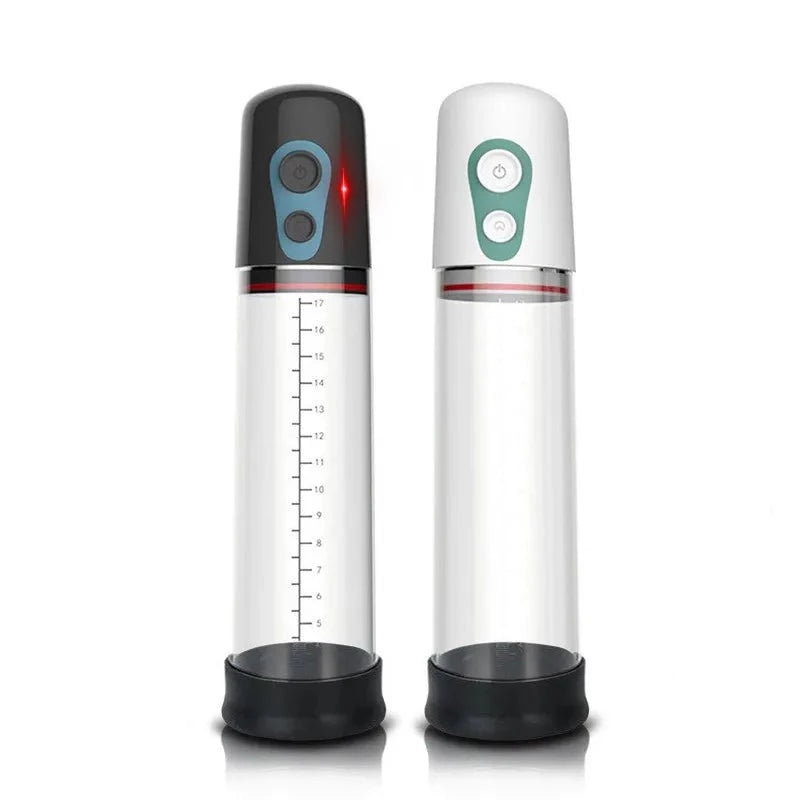 This image shows both the white and black electric air penis pump series G next to each other