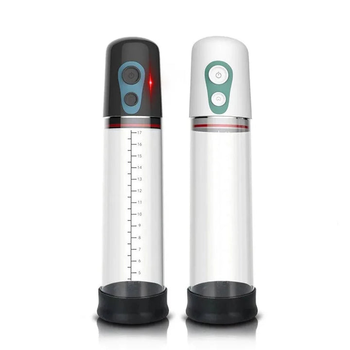This image shows both the white and black electric air penis pump series G next to each other